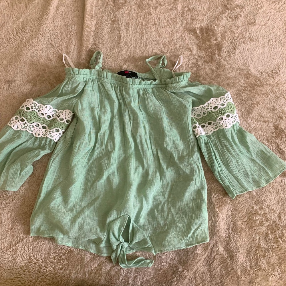 Light Blue Lacy Armed Off Shoulder Blouse